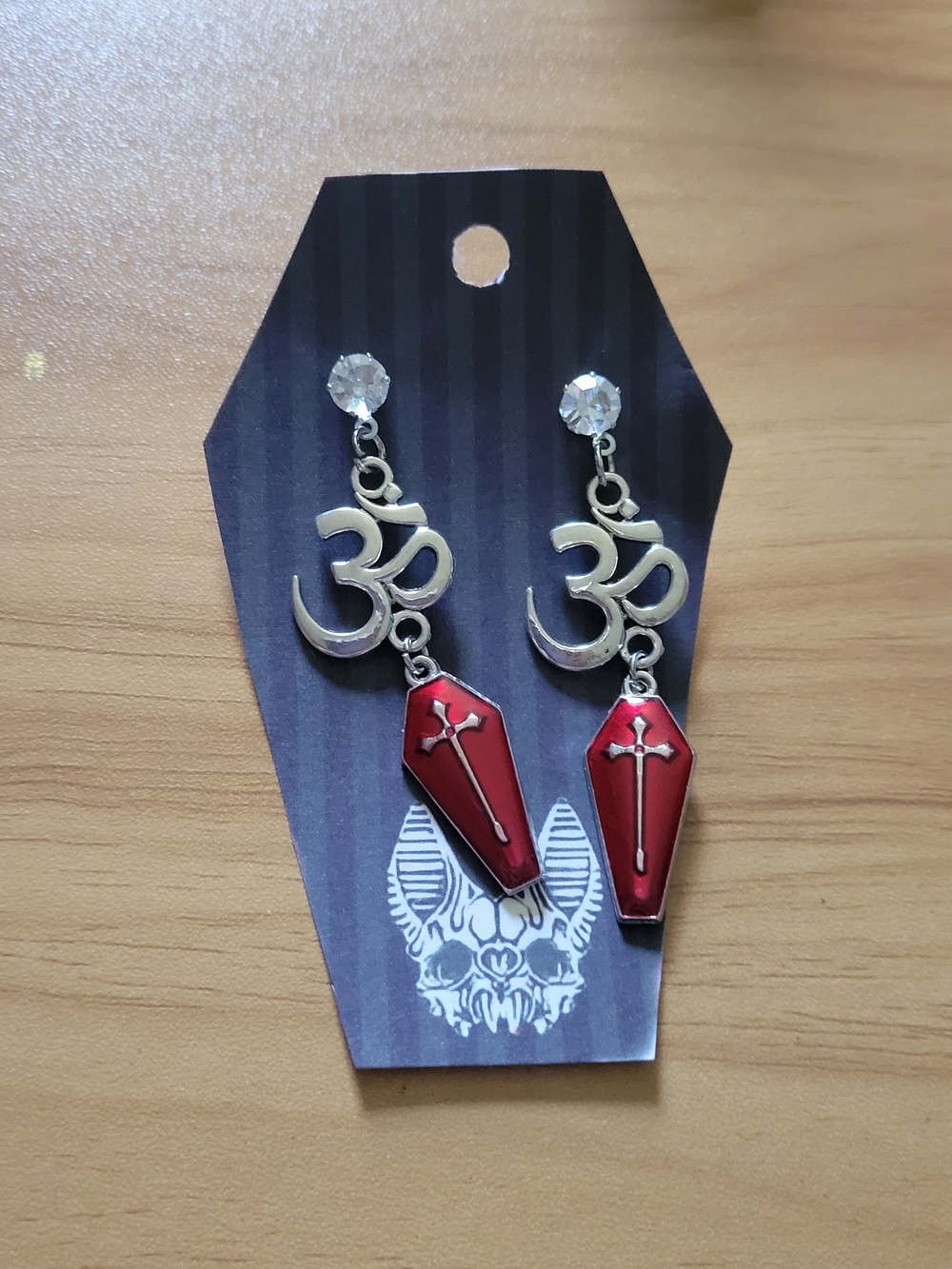 💀NEW💀Hand Crafted Red Coffin Drop Earrings with Silver Om and Crystal Accent